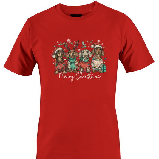 Red t-shirt with a rog of dogs in Christmas sweaters with "Merry Christmas" by Monkey's Creations. 