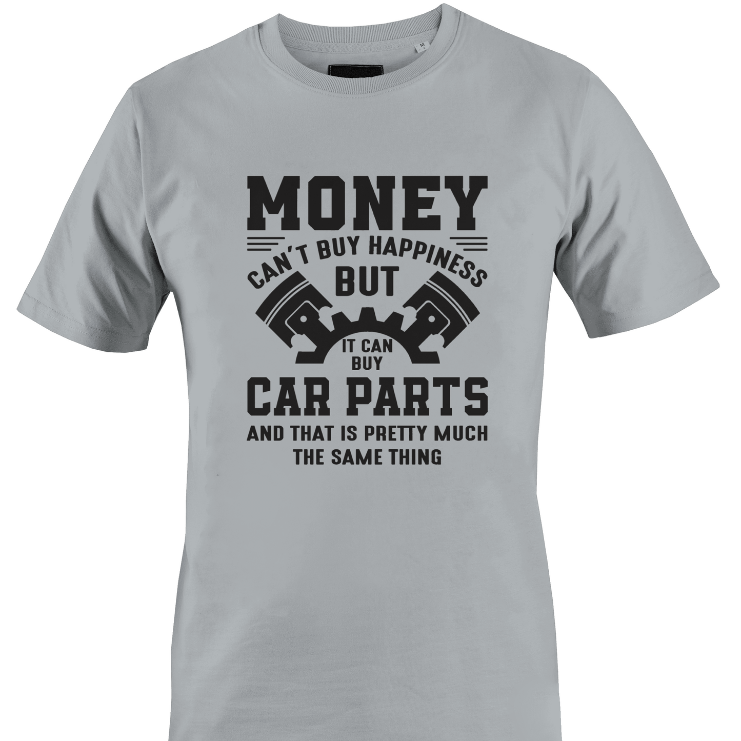 Light gray t-shirt with black text "money...can buy car parts" with car part graphic by Monkey's Creations