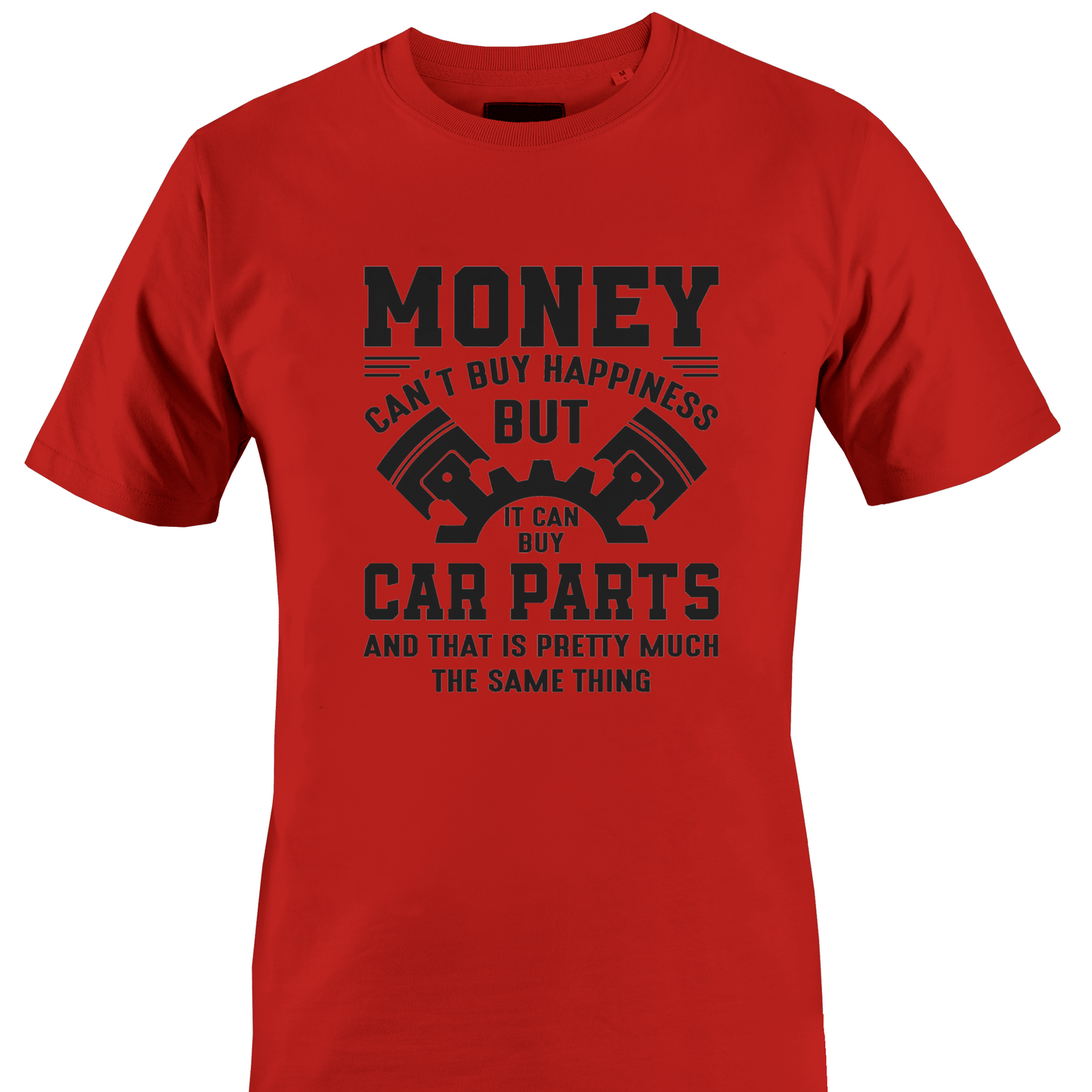 Red t-shirt with black text "money...can buy car parts" with car part graphic by Monkey's Creations