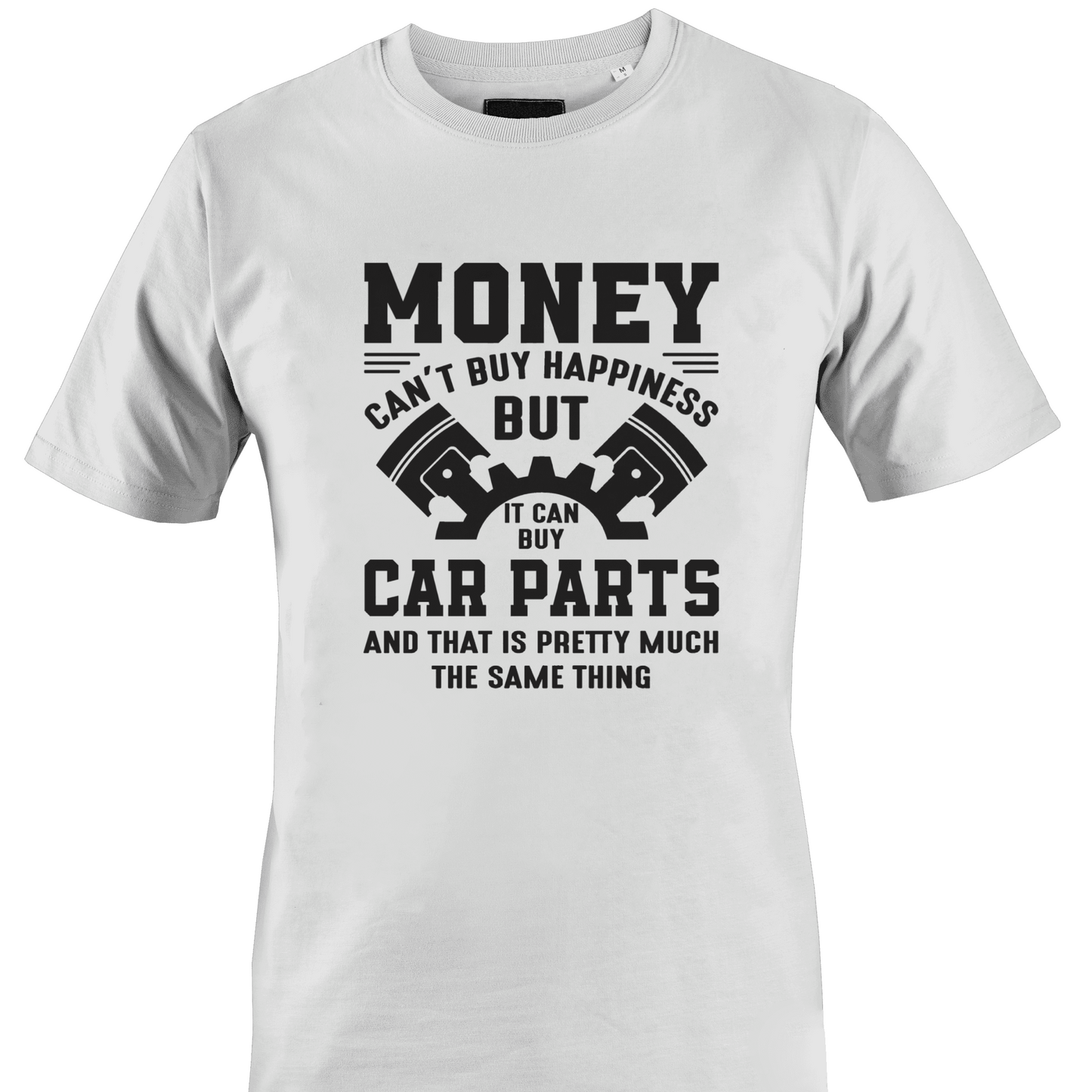White t-shirt with black text "money...can buy car parts" with car part graphic by Monkey's Creations