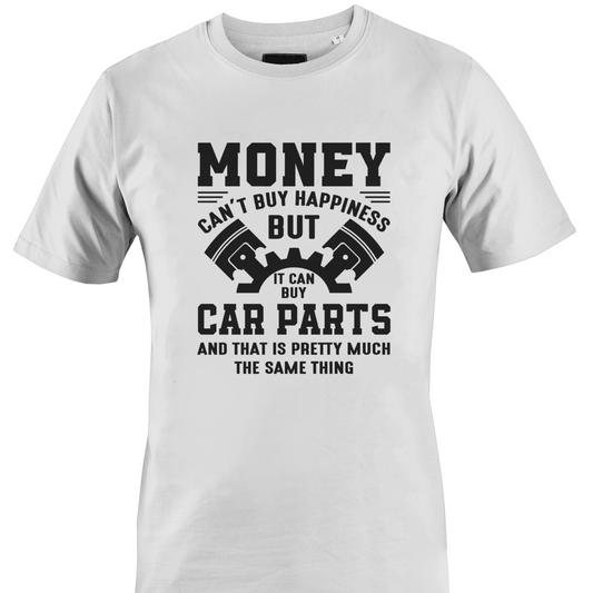 White t-shirt with black text "money...can buy car parts" with car part graphic by Monkey's Creations