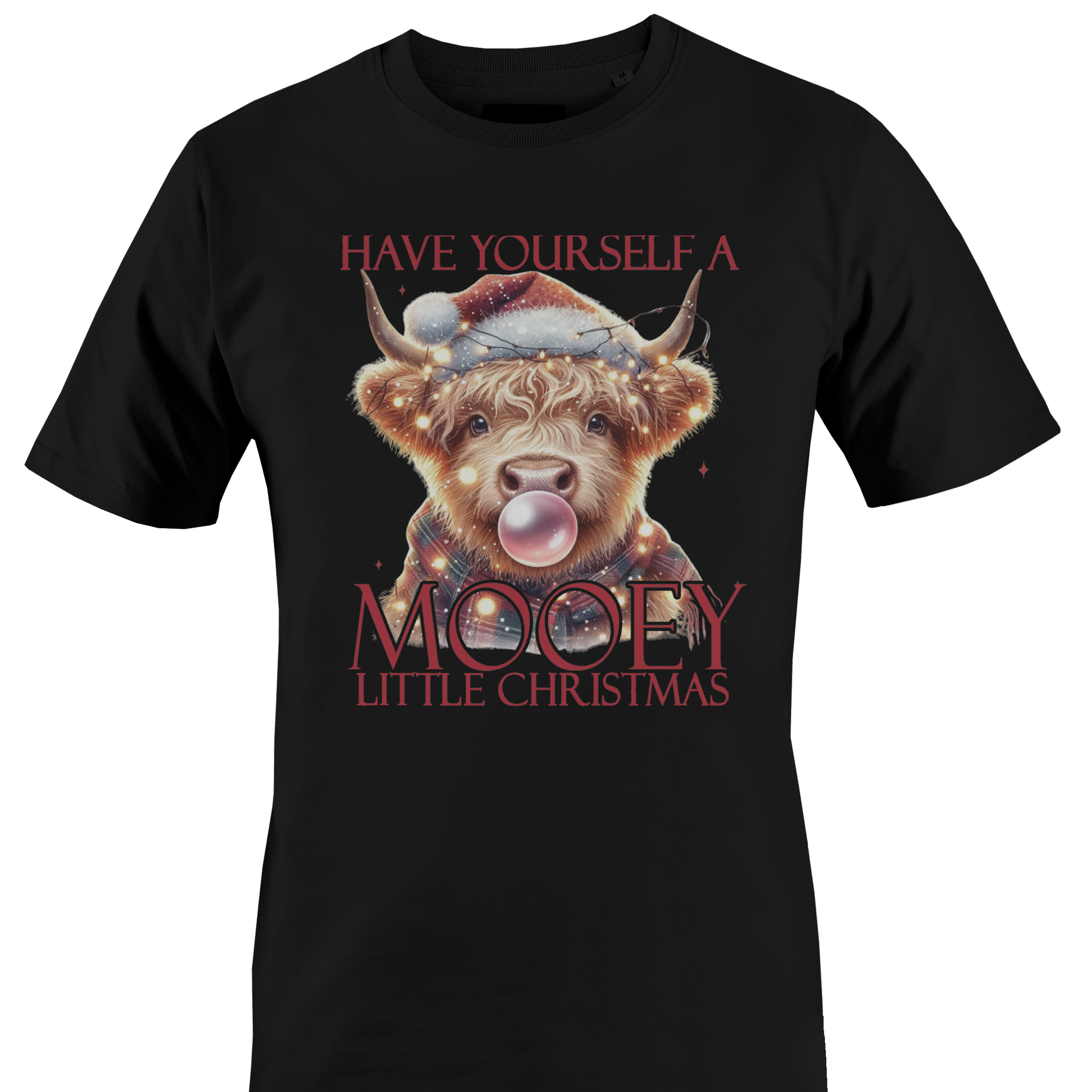 Black t-shirt with a cow in a Santa hat and the text "have yourself a mooey little Christmas" by Monkey's Creations.
