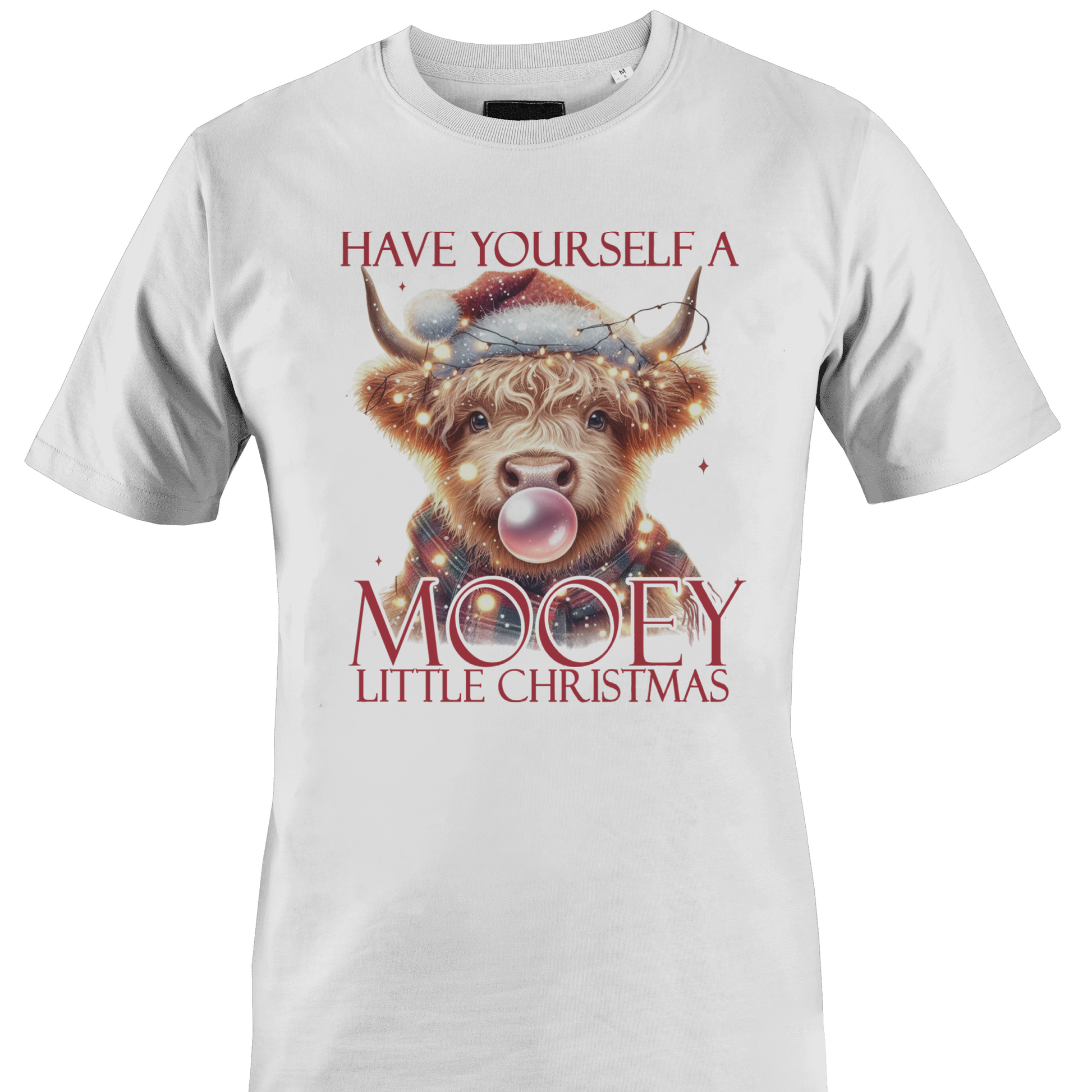 White t-shirt with a cow in a Santa hat and the text "have yourself a mooey little Christmas" by Monkey's Creations.