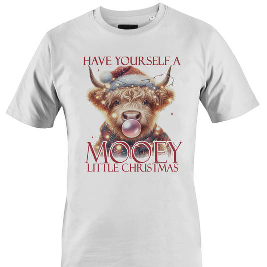 White t-shirt with a cow in a Santa hat and the text "have yourself a mooey little Christmas" by Monkey's Creations.