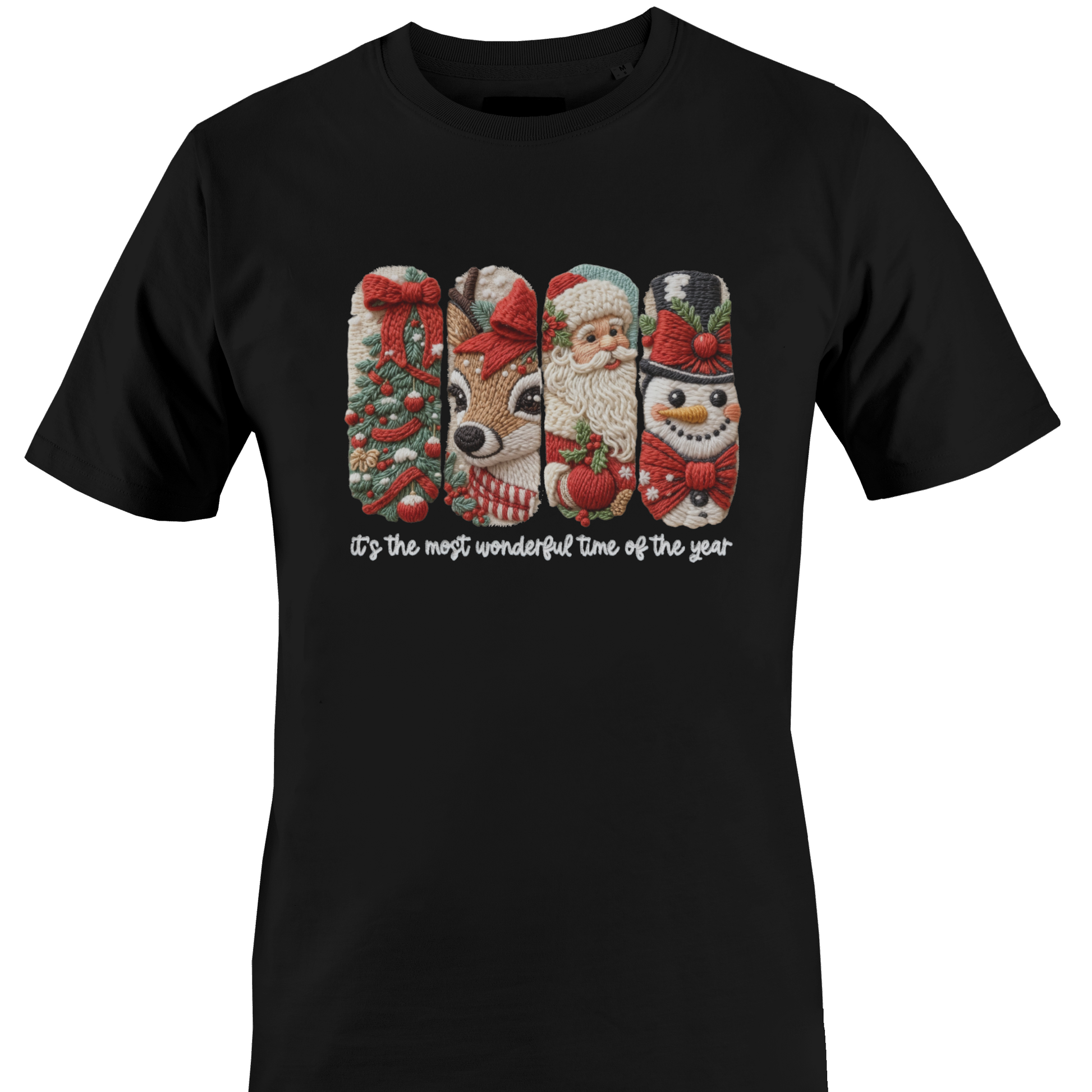 Black t-shirt with vertical mages of Christmas icons and the text "it's the most wonderful time of the year" by Monkey's Creations. 