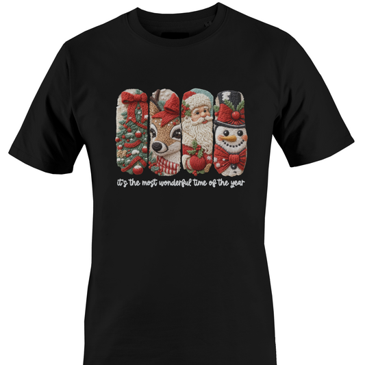 Black t-shirt with vertical mages of Christmas icons and the text "it's the most wonderful time of the year" by Monkey's Creations. 