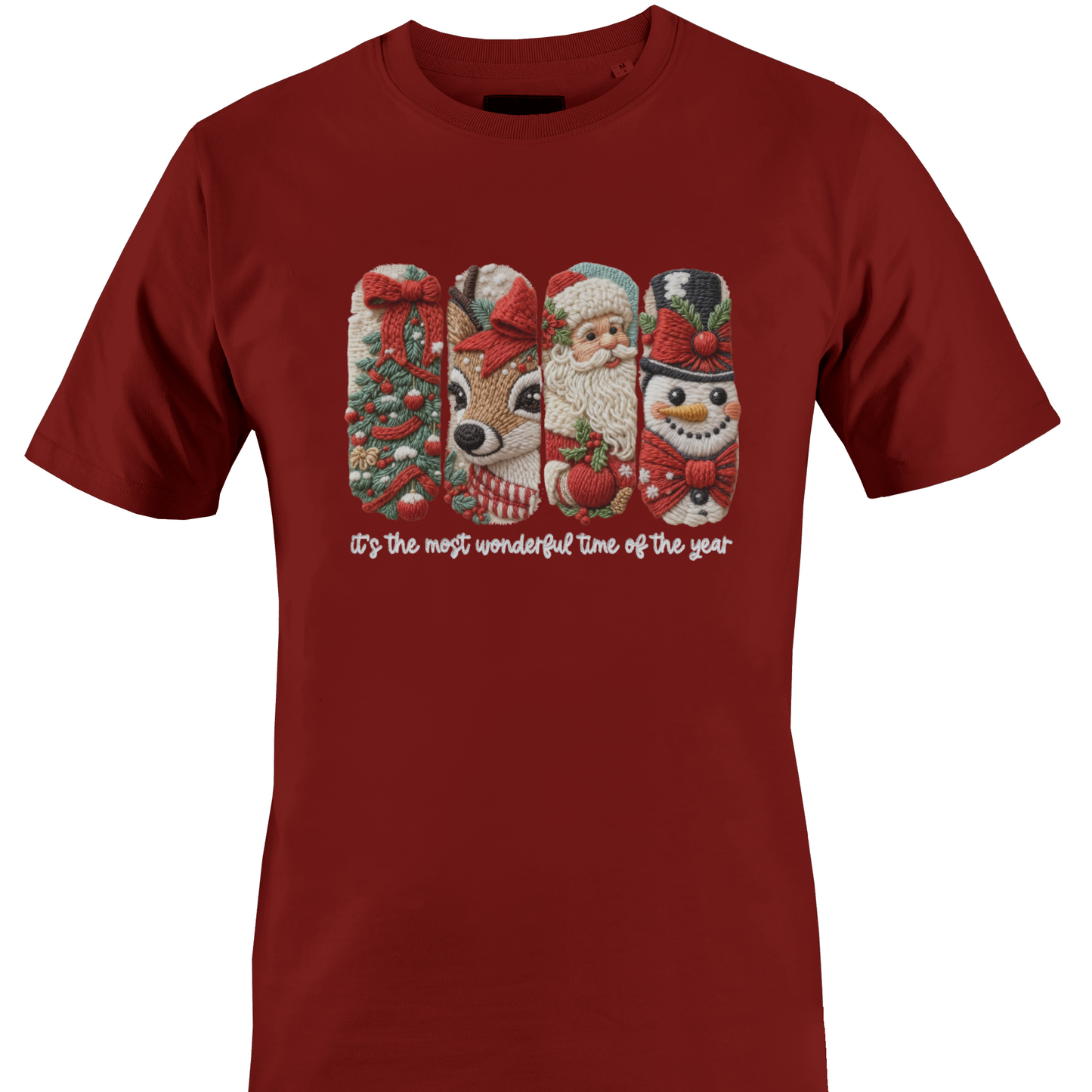 Dark red t-shirt with vertical mages of Christmas icons and the text "it's the most wonderful time of the year" by Monkey's Creations. 