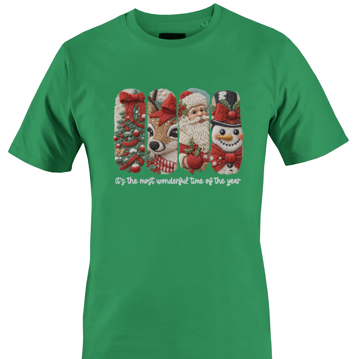 Green t-shirt with vertical mages of Christmas icons and the text "it's the most wonderful time of the year" by Monkey's Creations. 