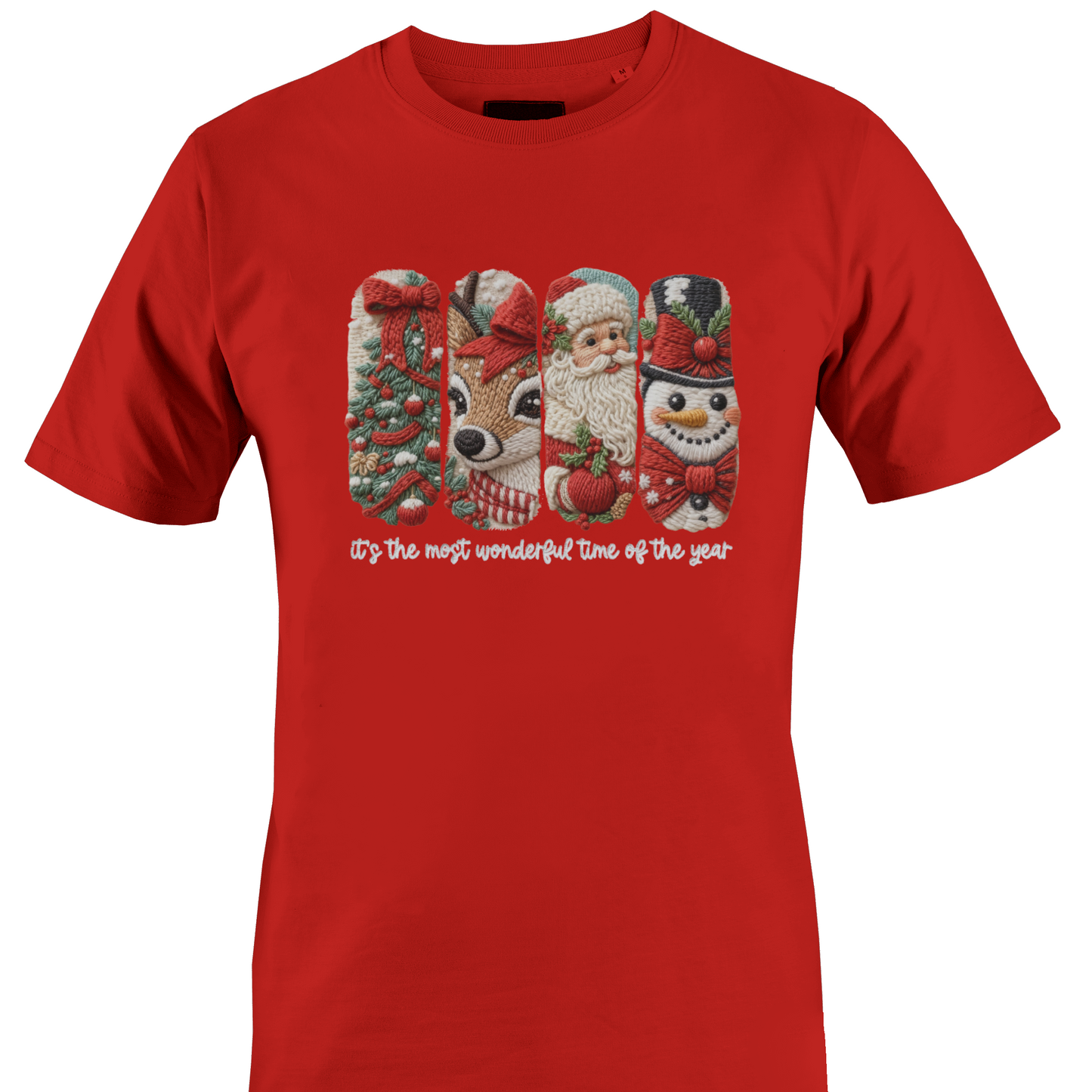 Red t-shirt with vertical mages of Christmas icons and the text "it's the most wonderful time of the year" by Monkey's Creations. 
