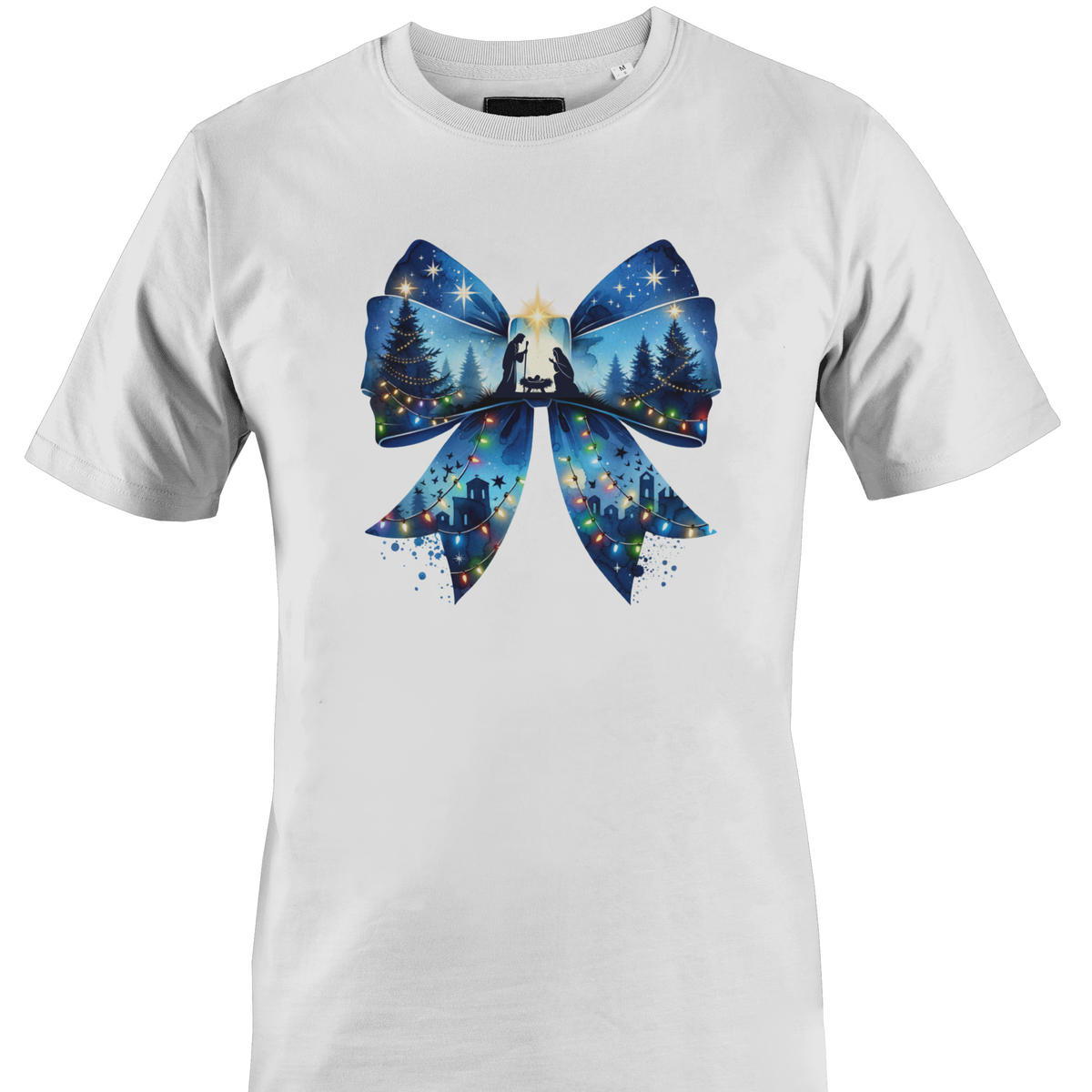 White t-shirt with a nativity scene inside a large bow with Christmas Lights by Monkey's Creations. 