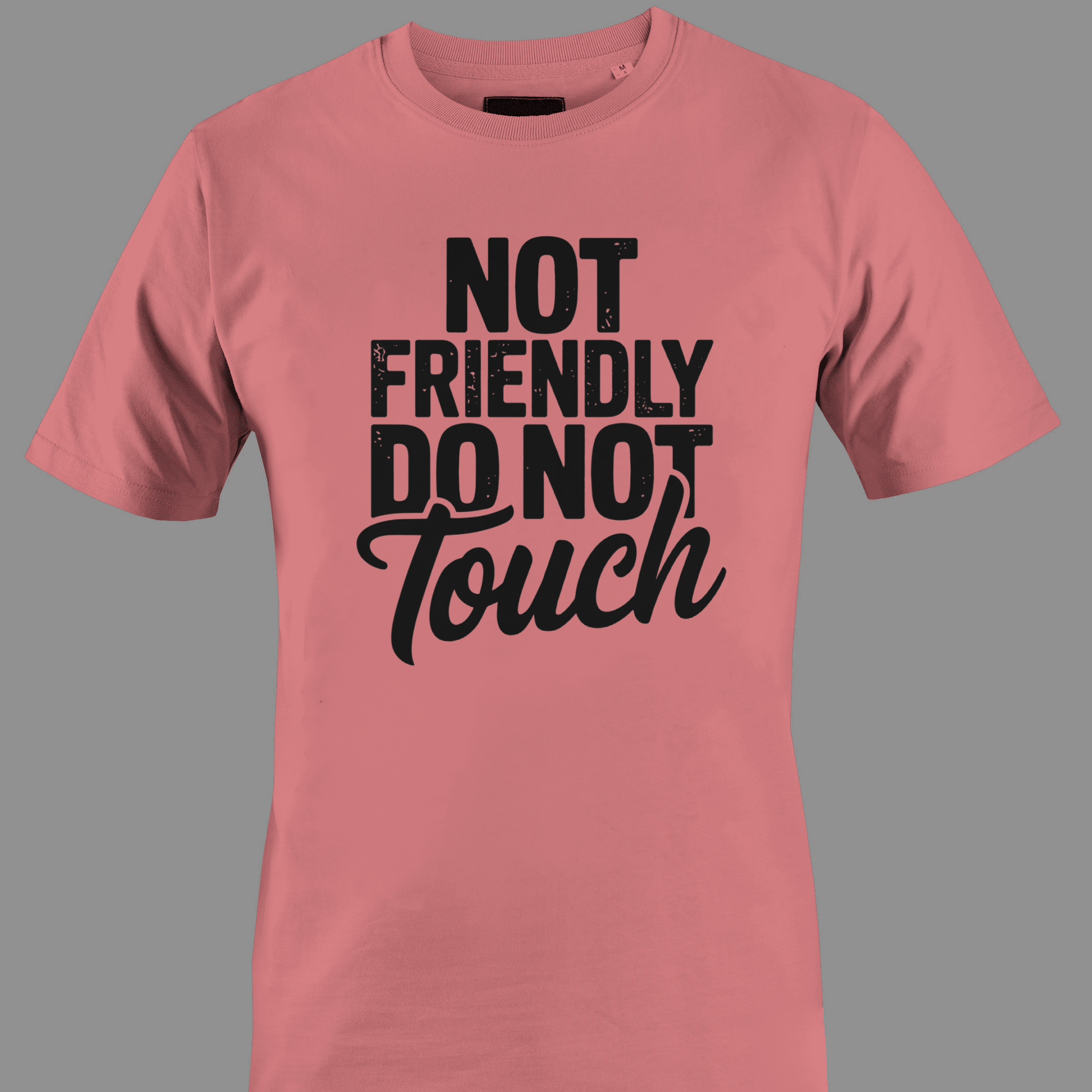 Coral t-shirt with black text 'Not Friendly Do Not Touch' 