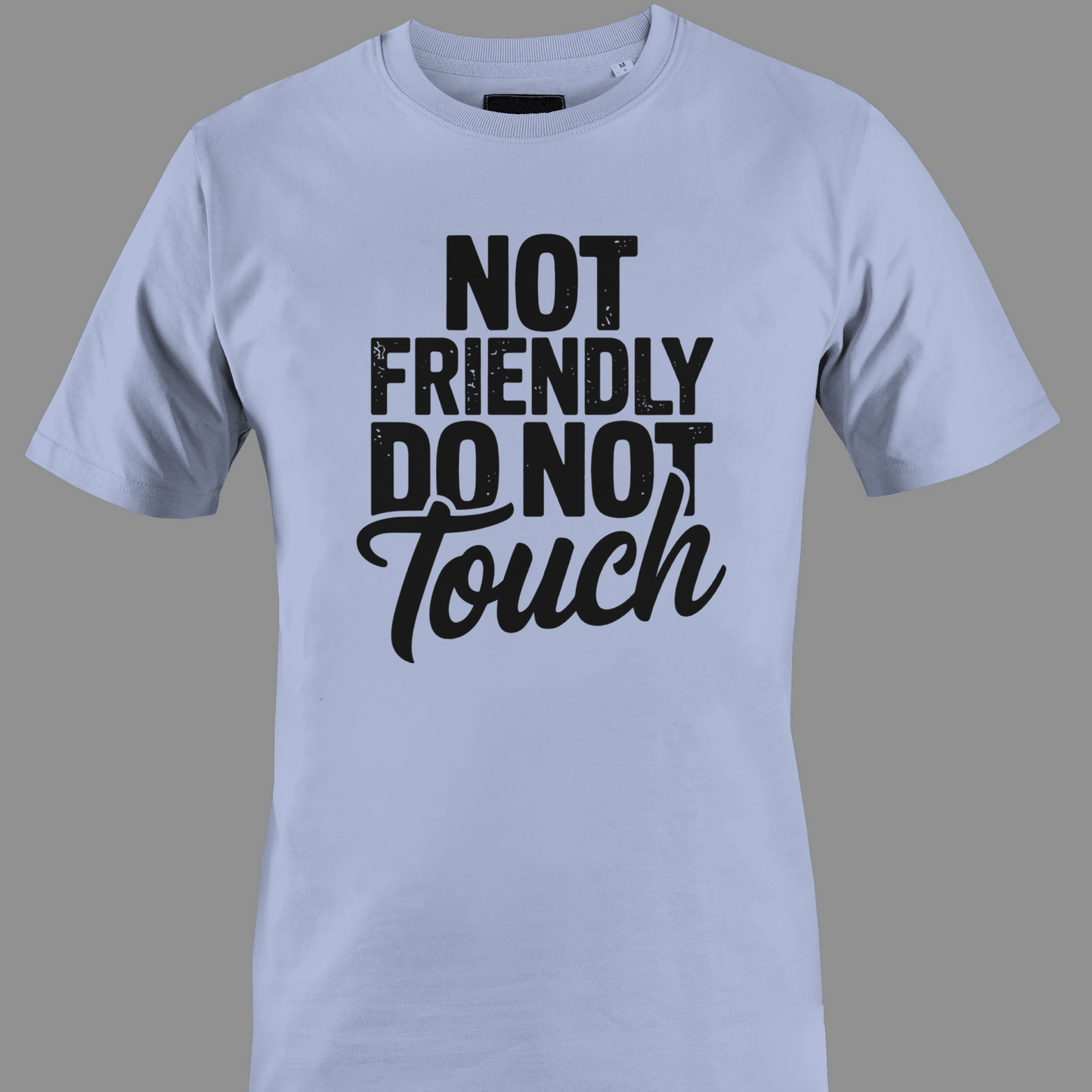Light blue t-shirt with black text 'Not Friendly Do Not Touch' 