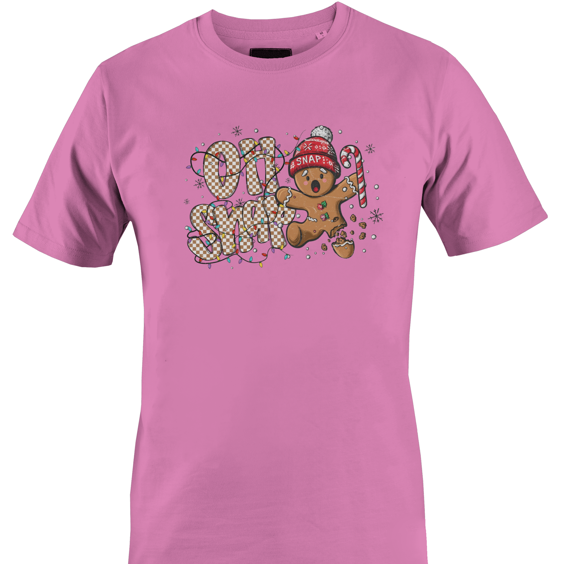 A dark pink short-sleeve crewneck t-shirt featuring a festive graphic on the chest with the text 'OH SNAP' in a patterned font, a gingerbread man wearing a red knit hat and holding a candy cane, and small snowflake details by Monkey's Creations.