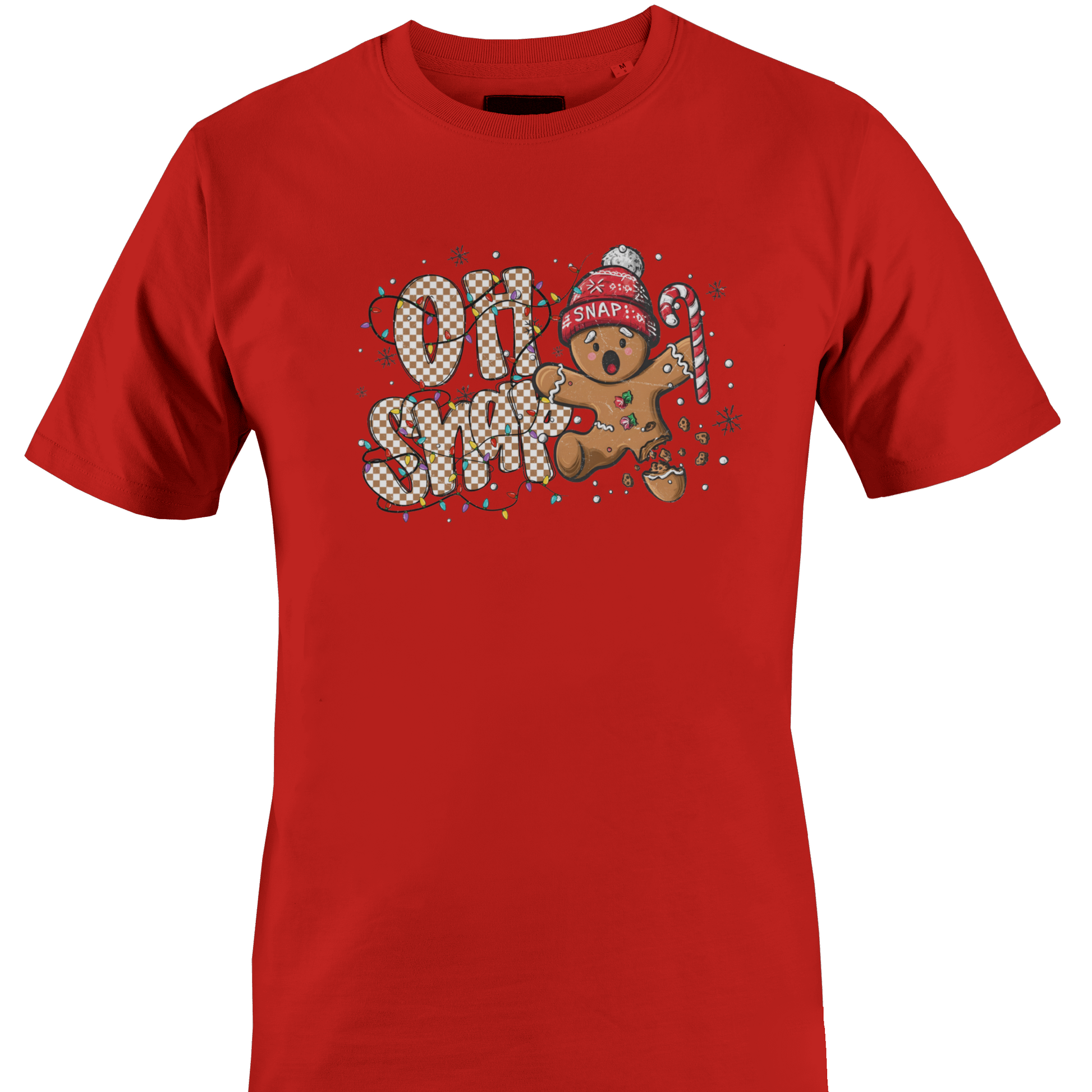 A red short-sleeve crewneck t-shirt featuring a festive graphic on the chest with the text 'OH SNAP' in a patterned font, a gingerbread man wearing a red knit hat and holding a candy cane, and small snowflake details by Monkey's Creations.