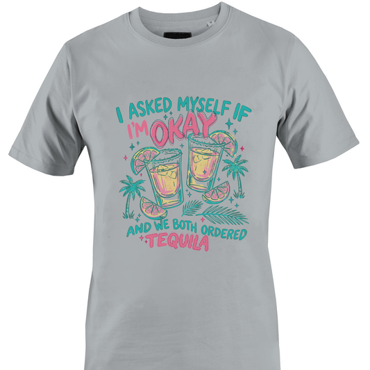 Light grey t-shirt with colorful graphic and text "...we both ordered tequila" by Monkey's Creations