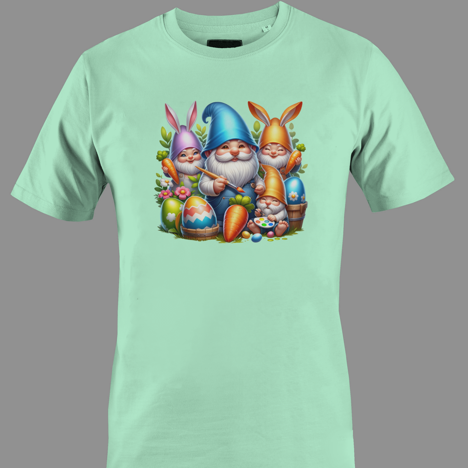 Light green t-shirt with Gnomes and bunnies with Easter eggs and carrots