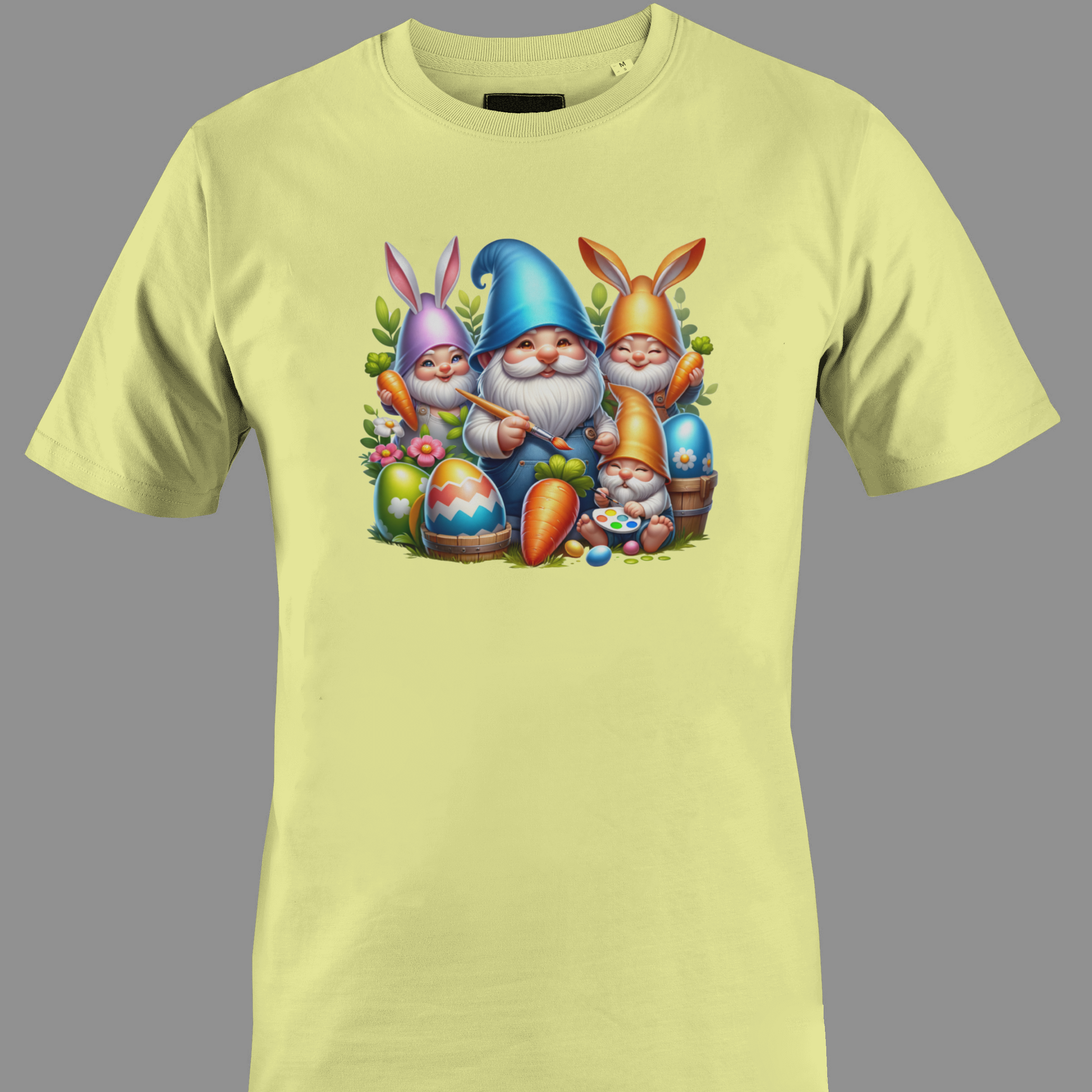 Light yellow t-shirt with Gnomes and bunnies with Easter eggs and carrots