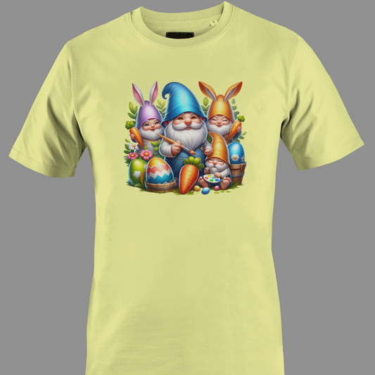 Light yellow t-shirt with Gnomes and bunnies with Easter eggs and carrots