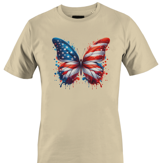 Beige t-shirt with a butterfly design featuring the colors of the American flag 