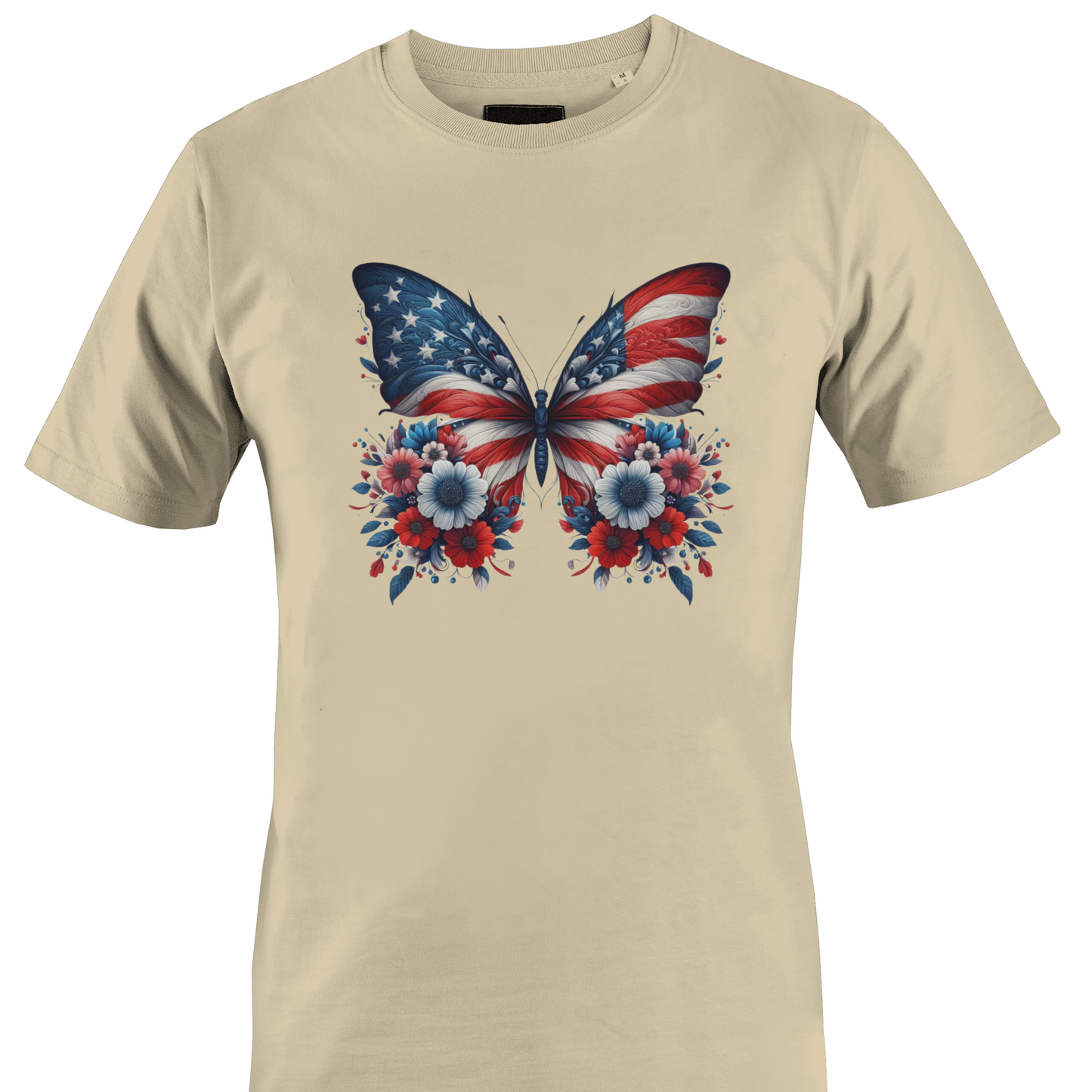 Beige t-shirt with a butterfly design featuring the American flag and flowers