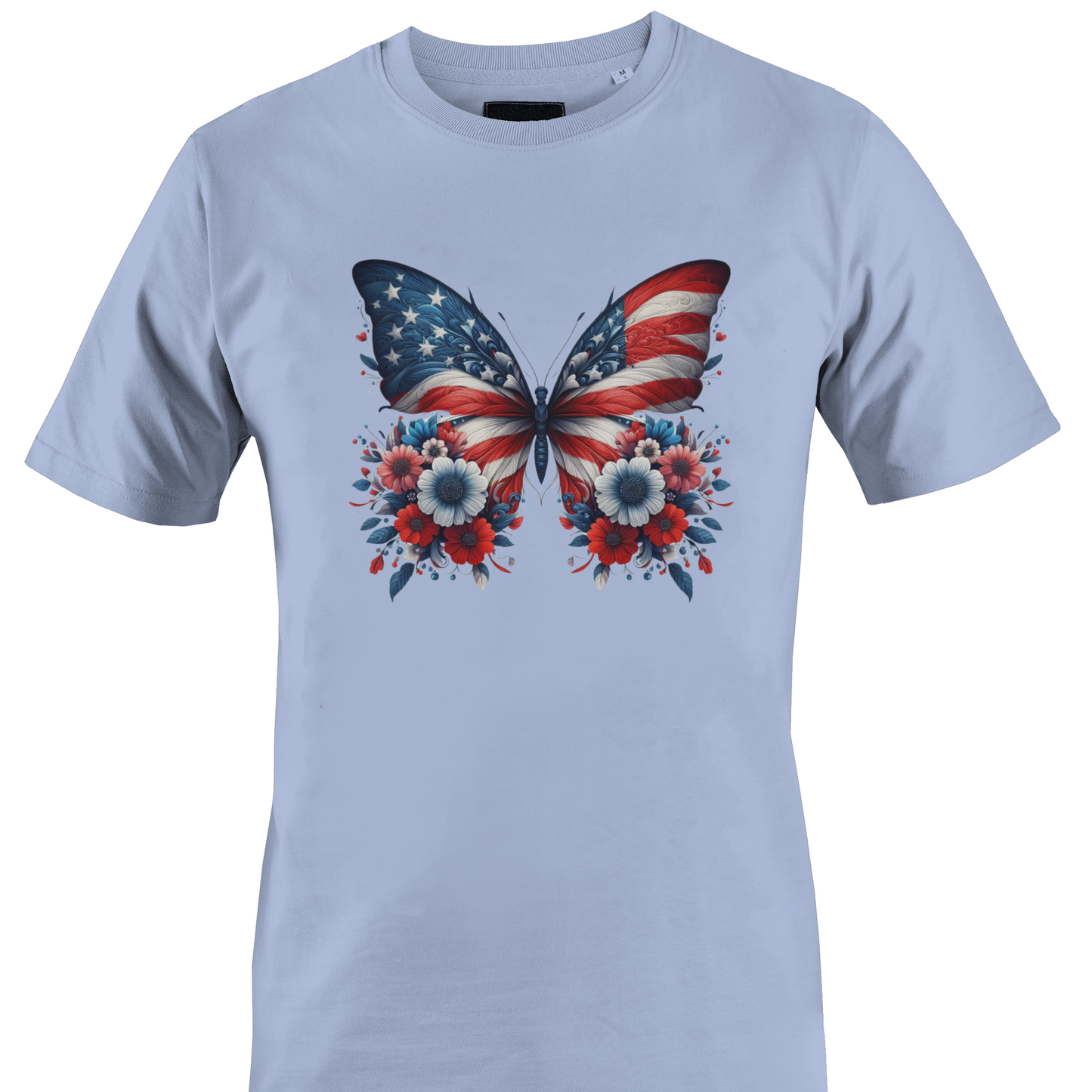 Light blue t-shirt with a butterfly design featuring the American flag and flowers