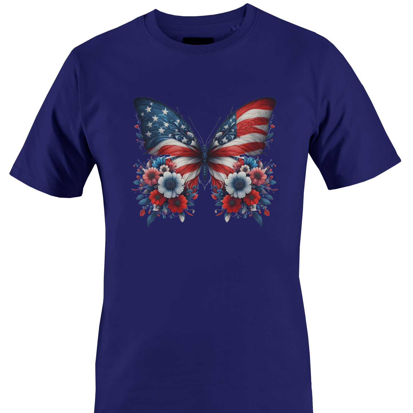 Navy Blue t-shirt with a butterfly design featuring the American flag and flowers