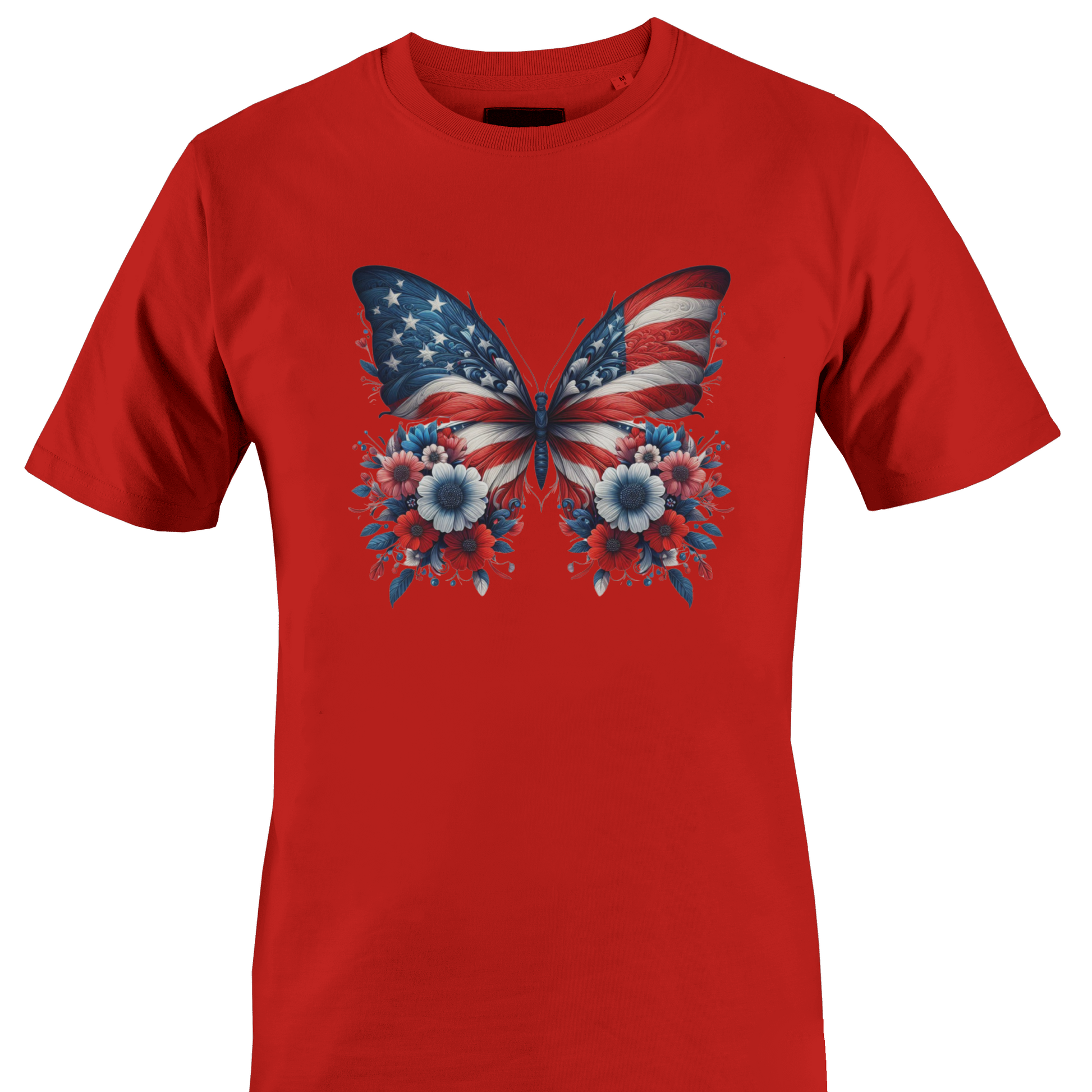 Red t-shirt with a butterfly design featuring the American flag and flowers