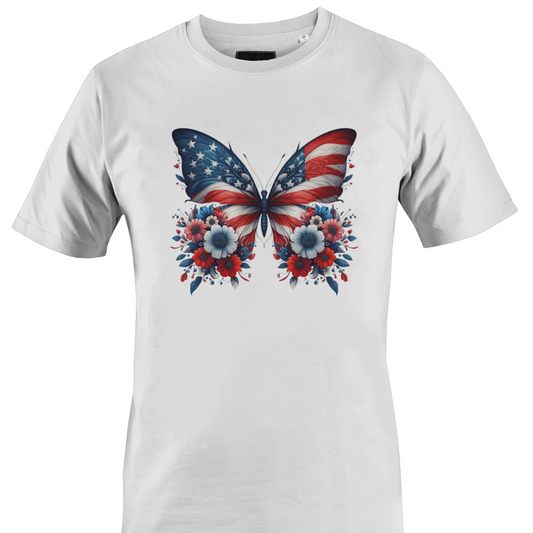 White t-shirt with a butterfly design featuring the American flag and flowers