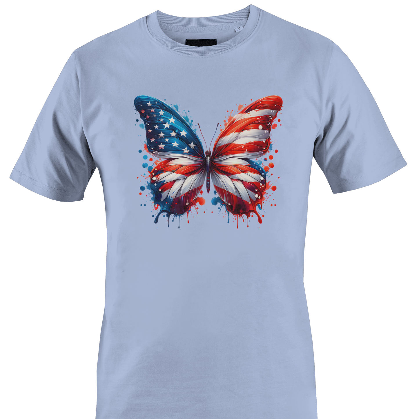 Light blue t-shirt with a butterfly design featuring the colors of the American flag 