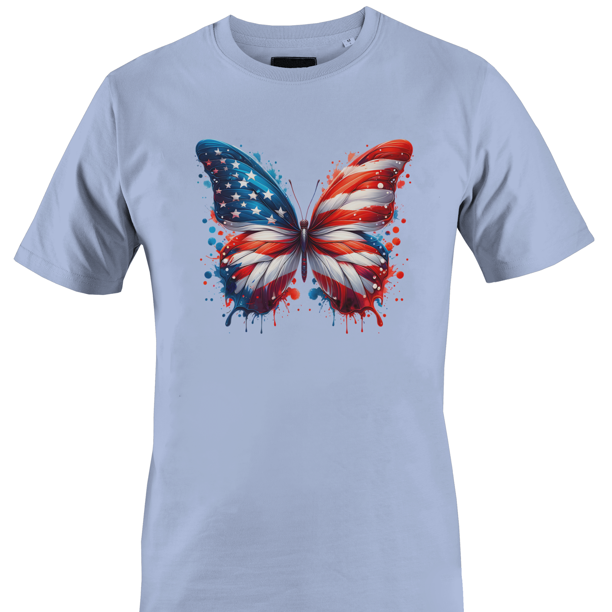 Light blue t-shirt with a butterfly design featuring the colors of the American flag 
