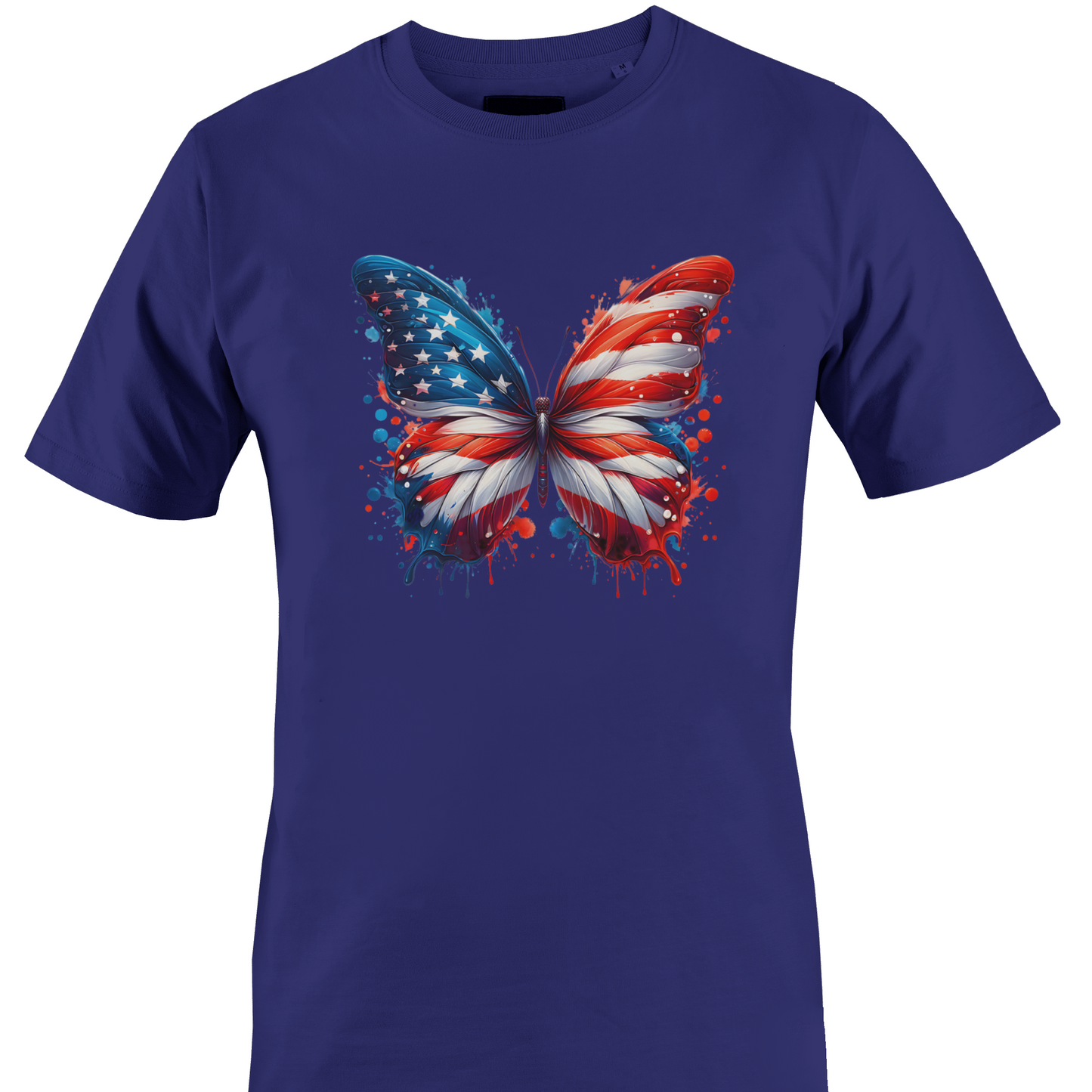 Navy blue t-shirt with a butterfly design featuring the colors of the American flag 