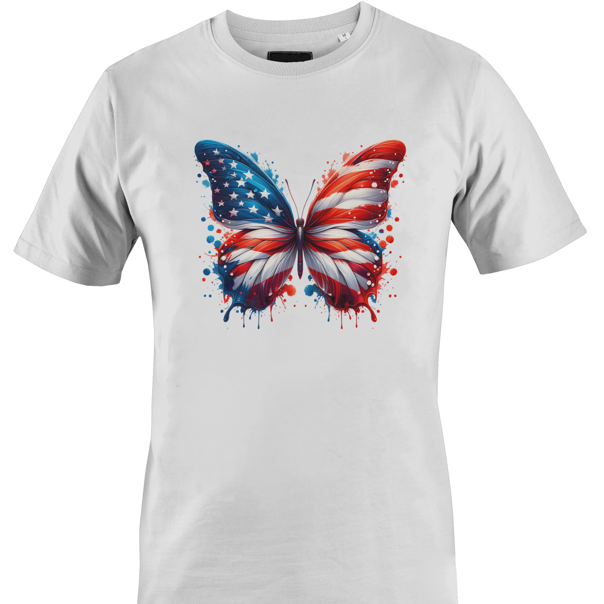 White t-shirt with a butterfly design featuring the colors of the American flag 