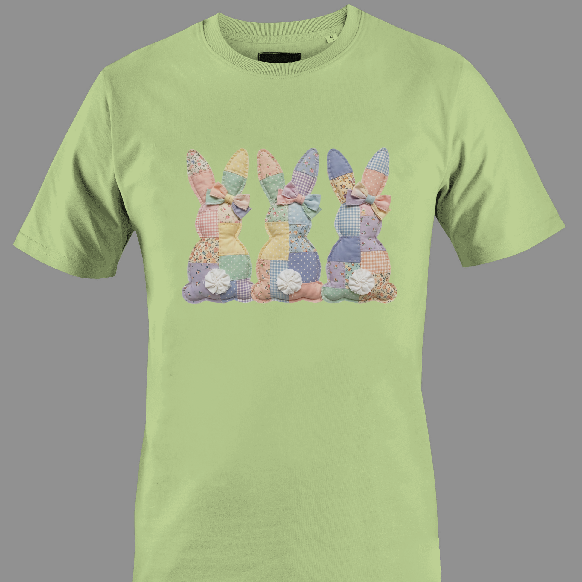 Light green t-shirt with a trio of patchwork bunnies
