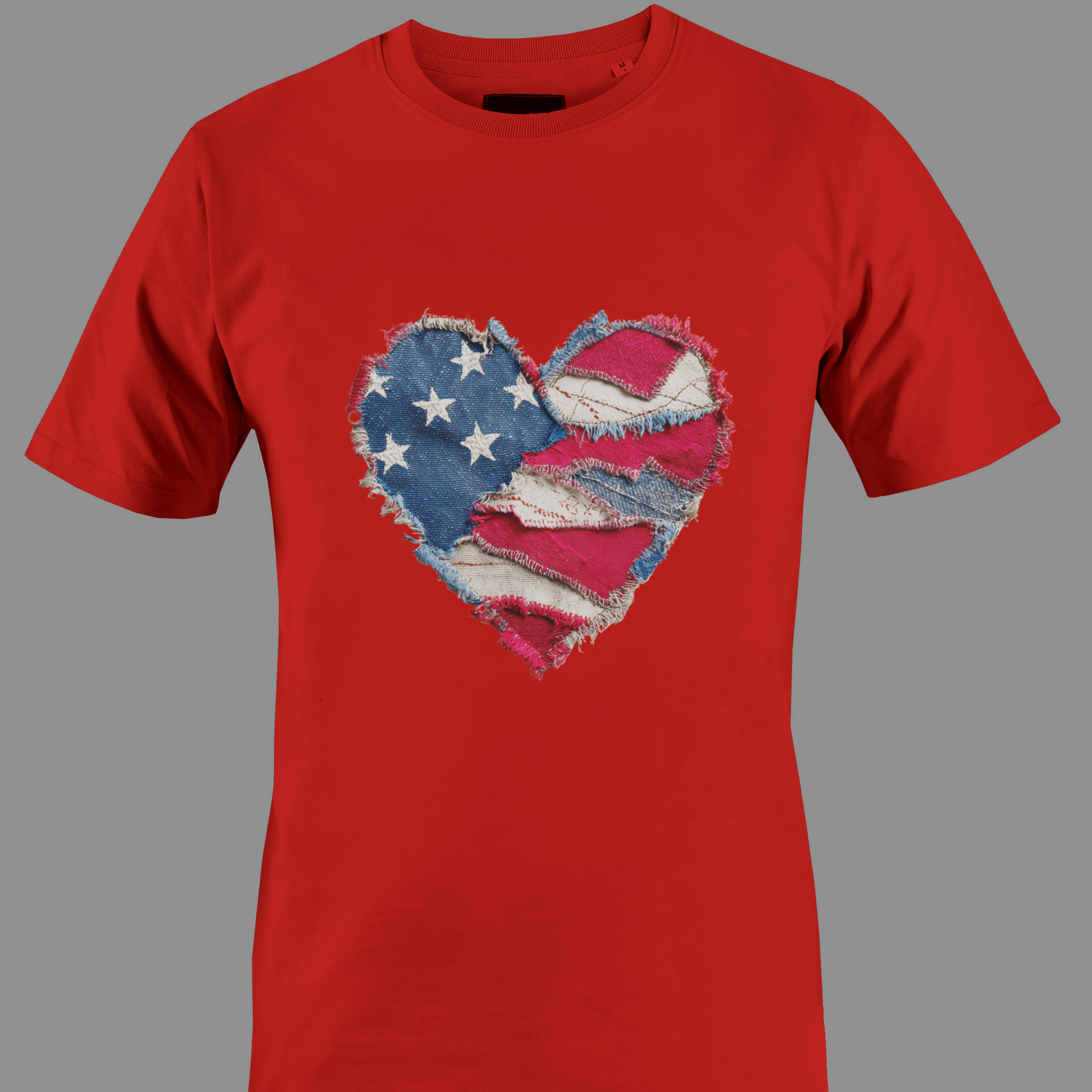 Red t-shirt with a patchwork heart-shaped American flag 