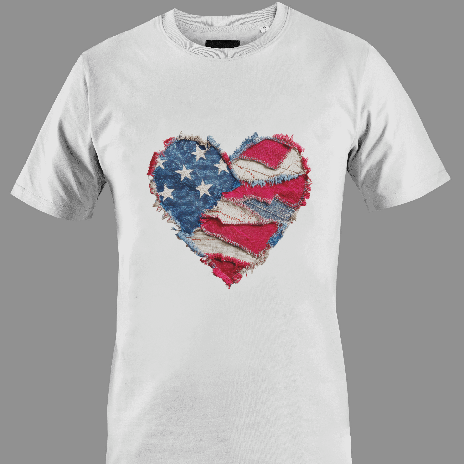 White t-shirt with a patchwork heart-shaped American flag 