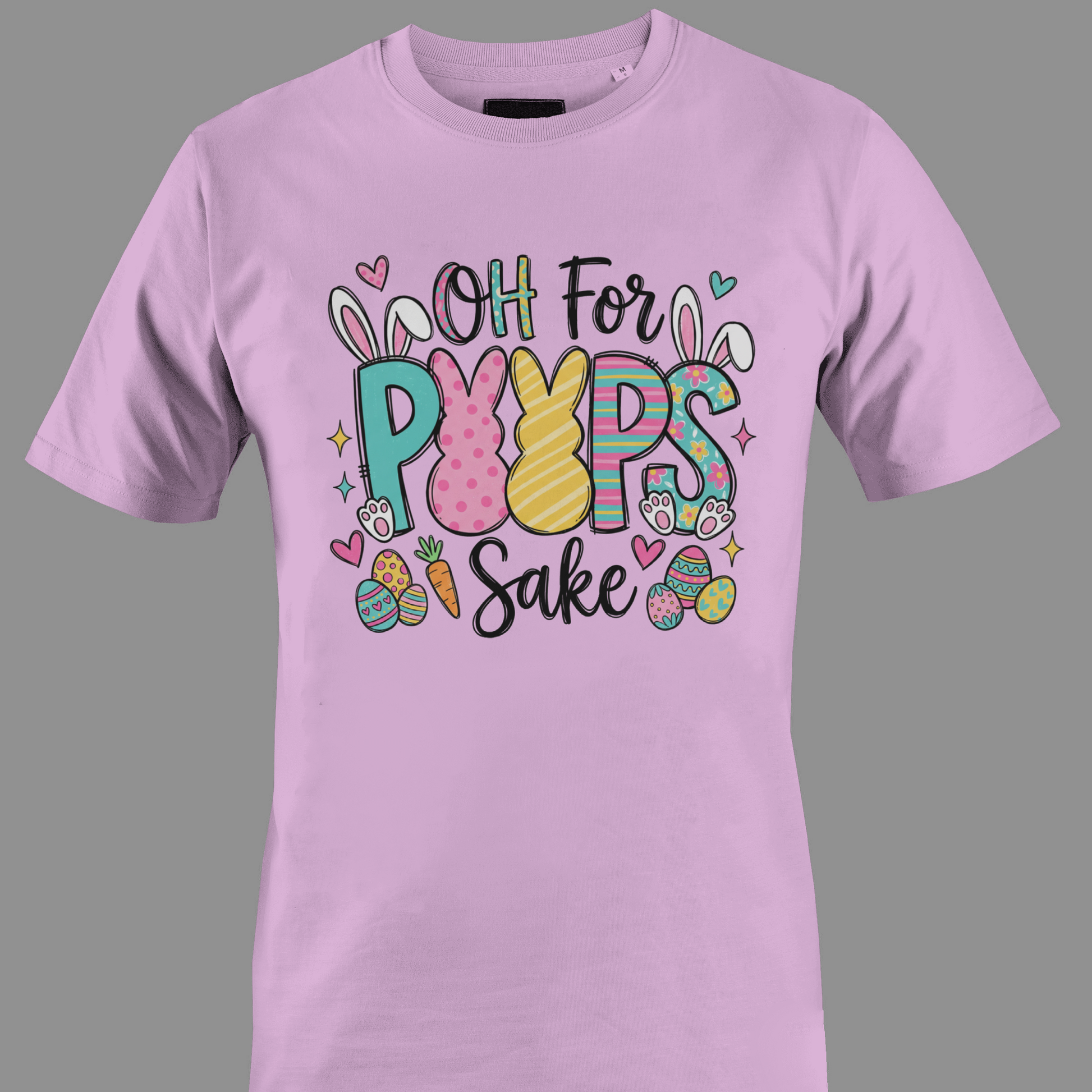 Light pink t-shirt with Easter-themed graphic and text oh for peeps sake