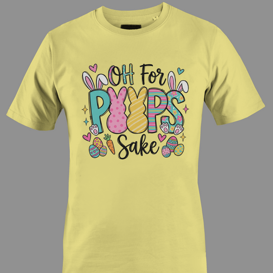 Yellow t-shirt with Easter-themed graphic and text oh for peeps sake