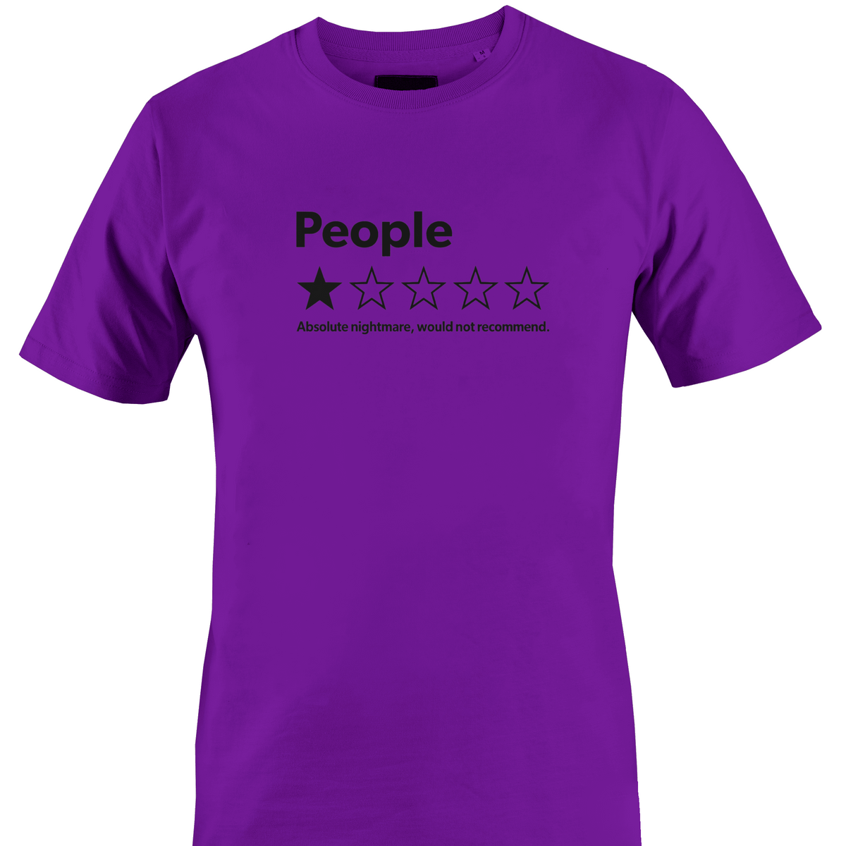 A purple short sleeve crewneck t-shirt with a black graphic on the chest reading 'People' above a one-star rating graphic and the text 'Absolute nightmare, would not recommend.' by Monkey's Creations.