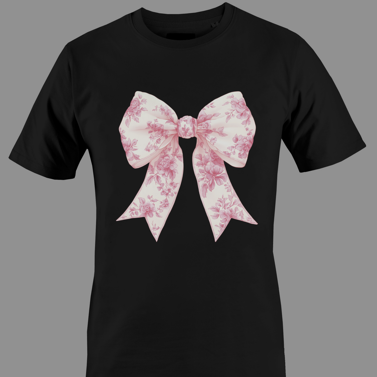 Black t-shirt with a pink chinoiserie floral bow design