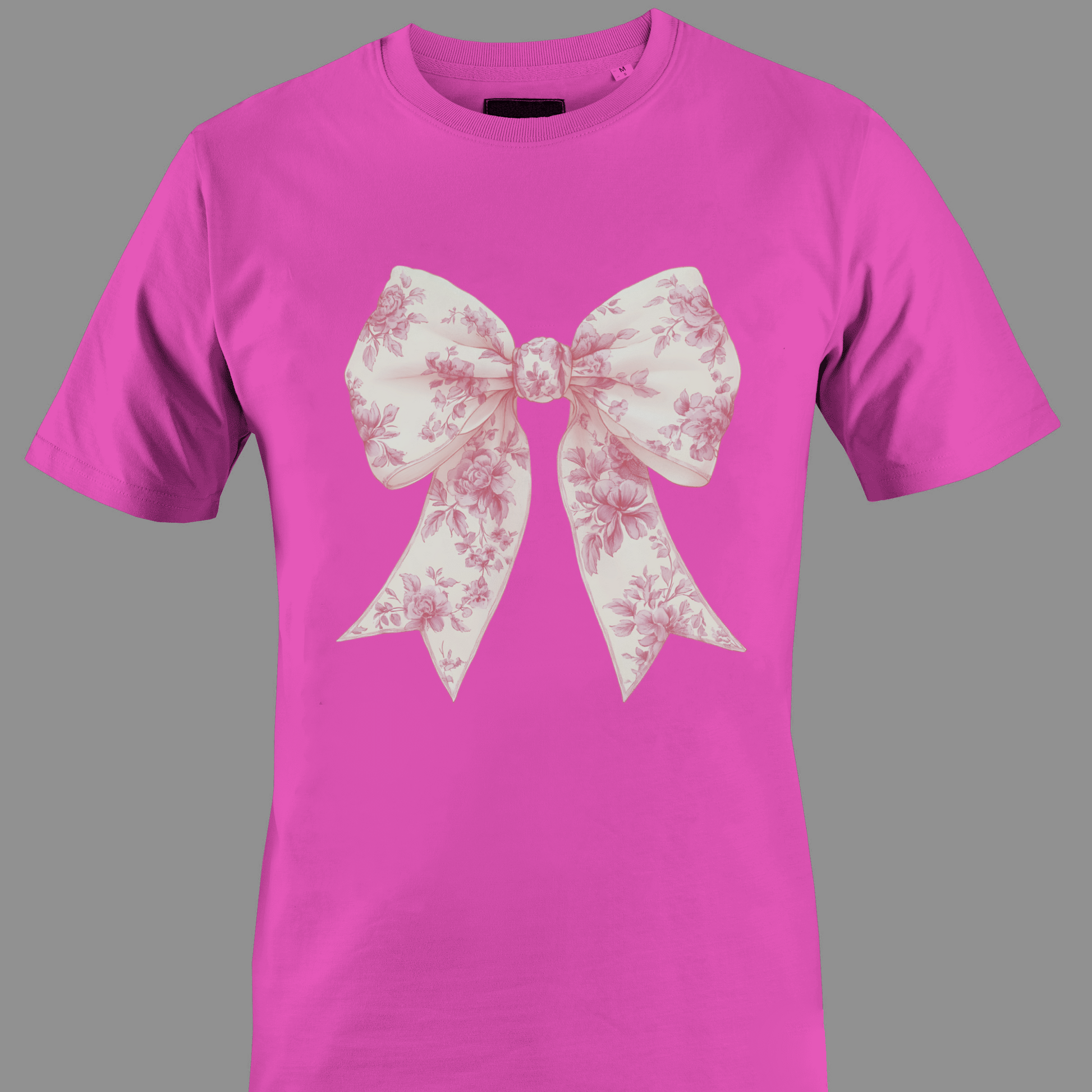 Fuchsia t-shirt with a pink chinoiserie floral bow design
