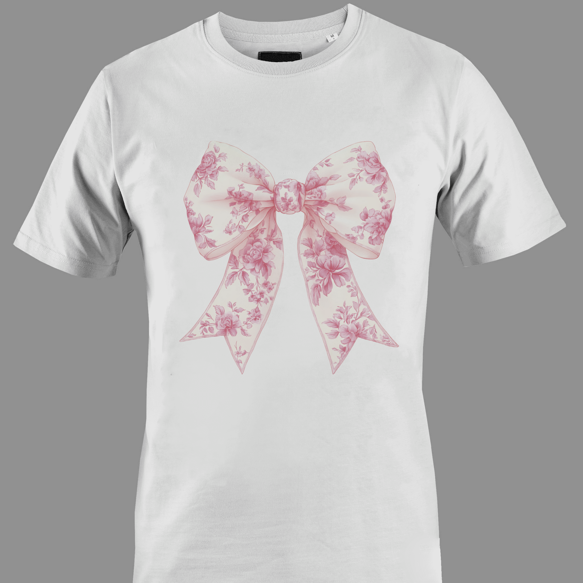 White t-shirt with a pink chinoiserie floral bow design
