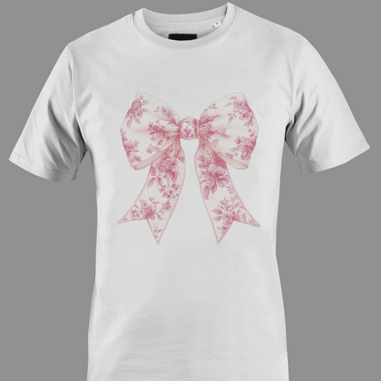 White t-shirt with a pink chinoiserie floral bow design