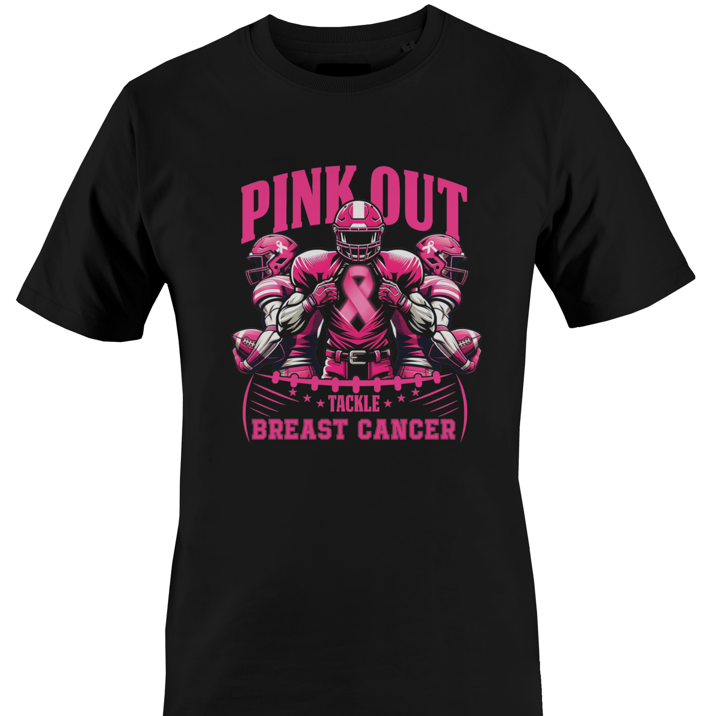 A black short-sleeve crewneck t-shirt featuring a pink graphic of football players with a breast cancer ribbon and the text 'PINK OUT TACKLE BREAST CANCER' by Monkey's Creations.