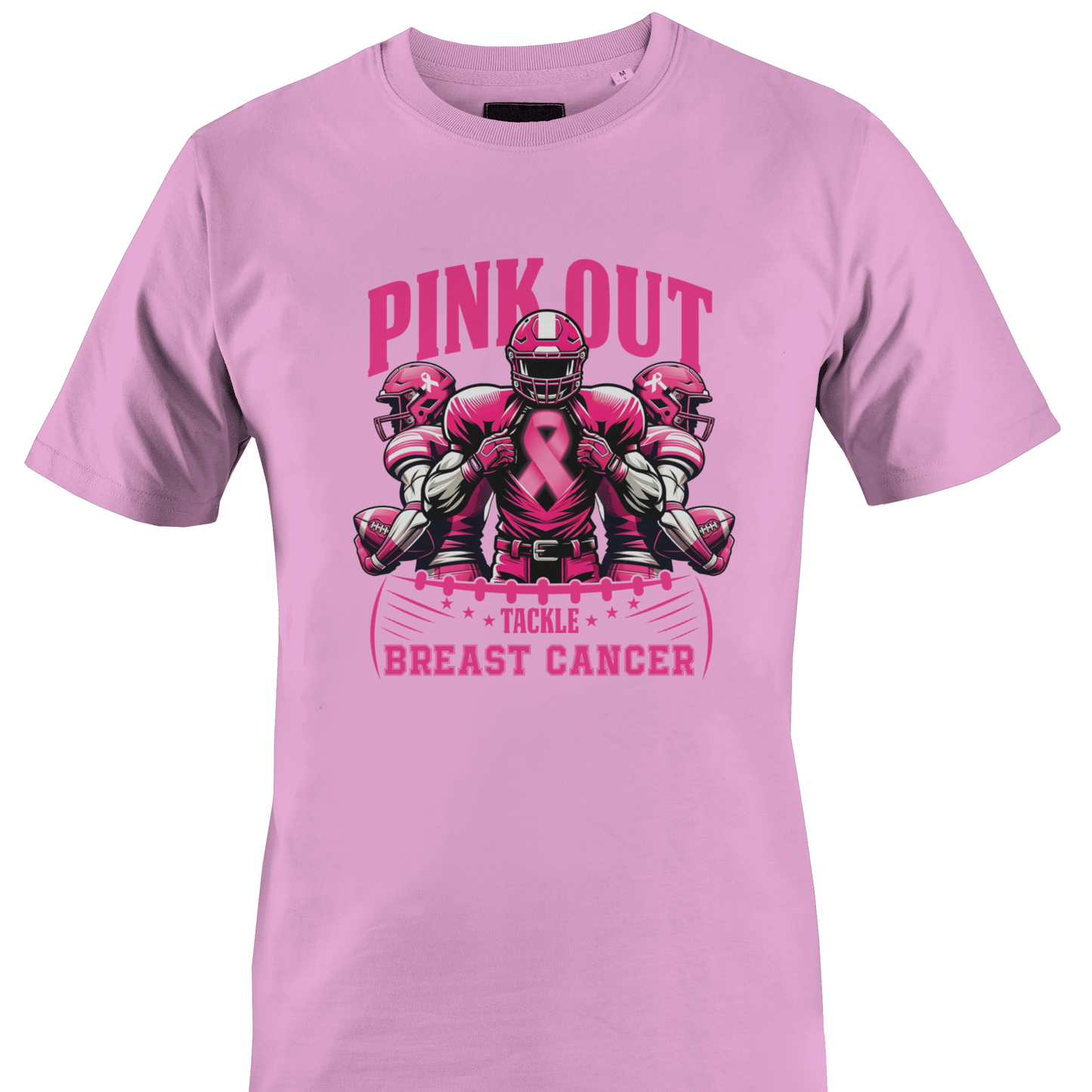 A pink short-sleeve crewneck t-shirt featuring a pink graphic of football players with a breast cancer ribbon and the text 'PINK OUT TACKLE BREAST CANCER' by Monkey's Creations.