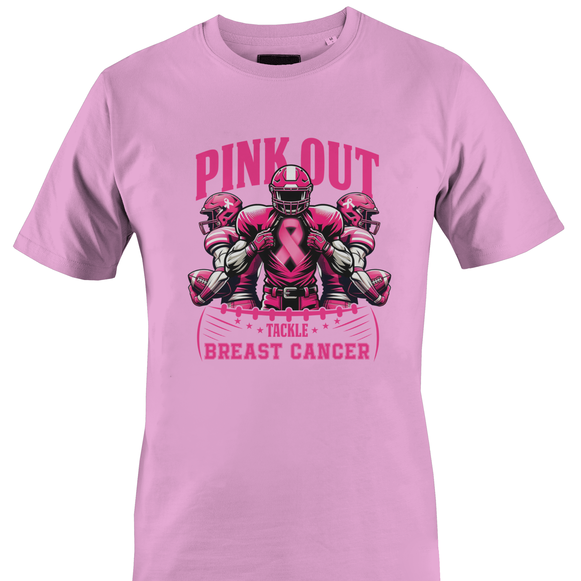 A pink short-sleeve crewneck t-shirt featuring a pink graphic of football players with a breast cancer ribbon and the text 'PINK OUT TACKLE BREAST CANCER' by Monkey's Creations.