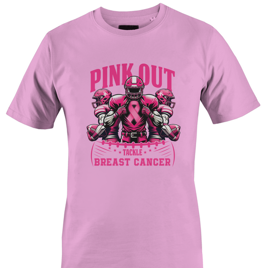 A pink short-sleeve crewneck t-shirt featuring a pink graphic of football players with a breast cancer ribbon and the text 'PINK OUT TACKLE BREAST CANCER' by Monkey's Creations.