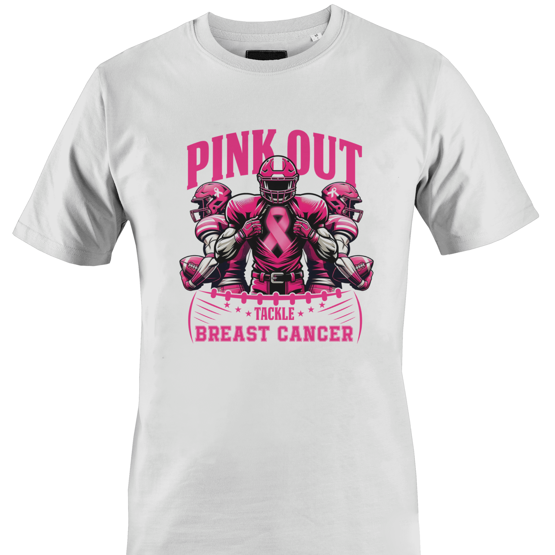A white short-sleeve crewneck t-shirt featuring a pink graphic of football players with a breast cancer ribbon and the text 'PINK OUT TACKLE BREAST CANCER' by Monkey's Creations.