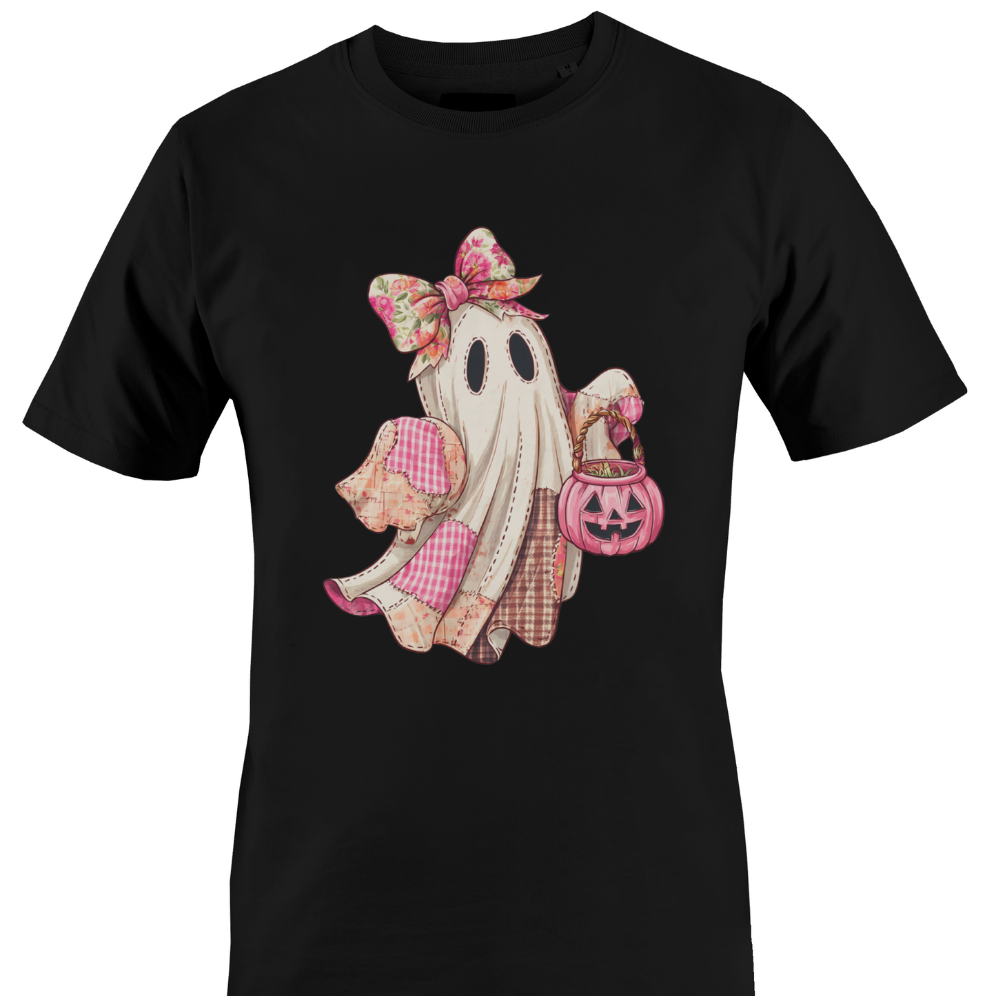 Black t-shirt with a pink themed patchwork ghost wearing a bow carrying a jack o lantern candy bin by Monkey's Creations. 