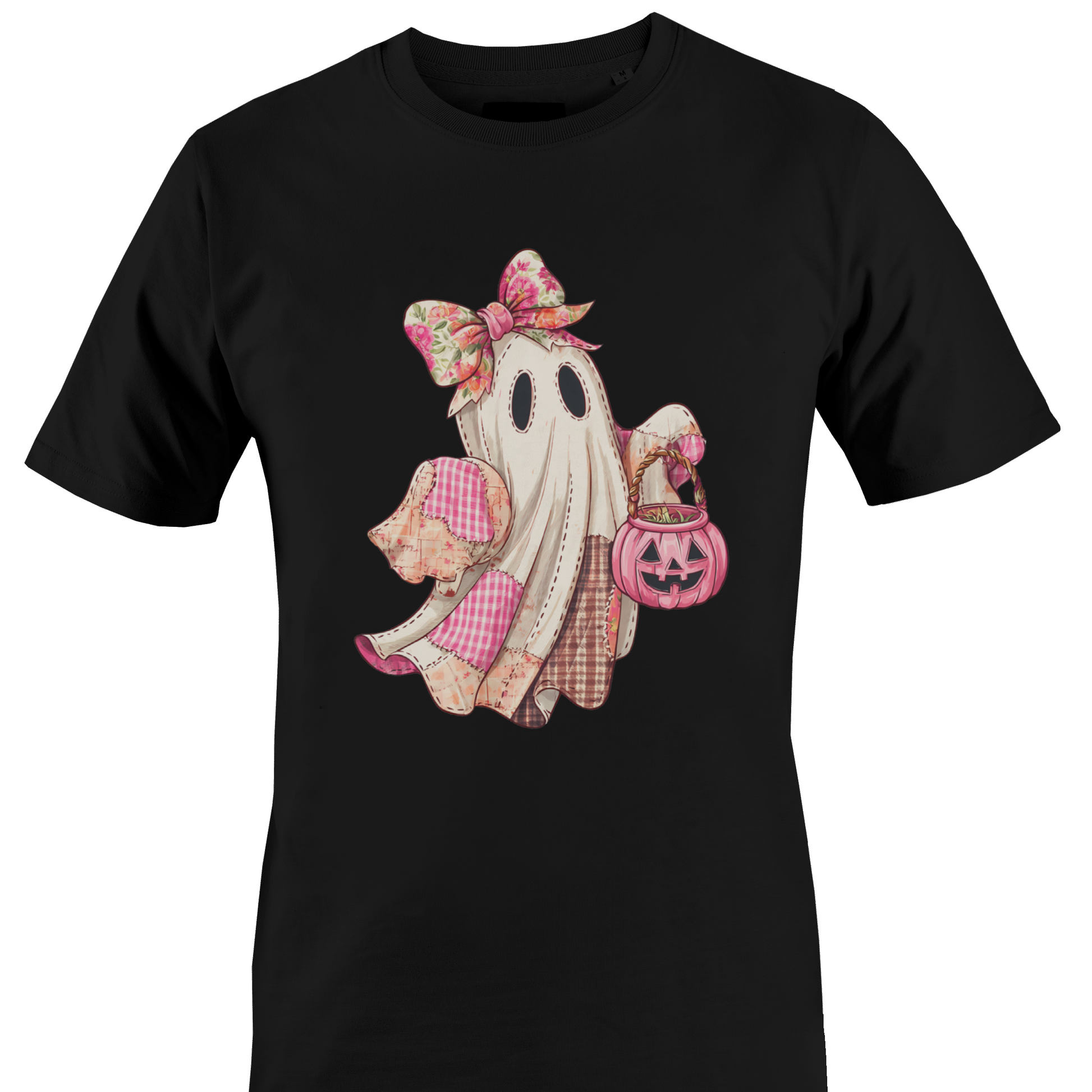 Black t-shirt with a pink themed patchwork ghost wearing a bow carrying a jack o lantern candy bin by Monkey's Creations. 