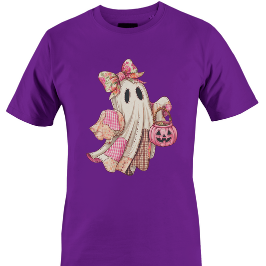 Dark purple  t-shirt with a pink themed patchwork ghost wearing a bow carrying a jack o lantern candy bin by Monkey's Creations. 